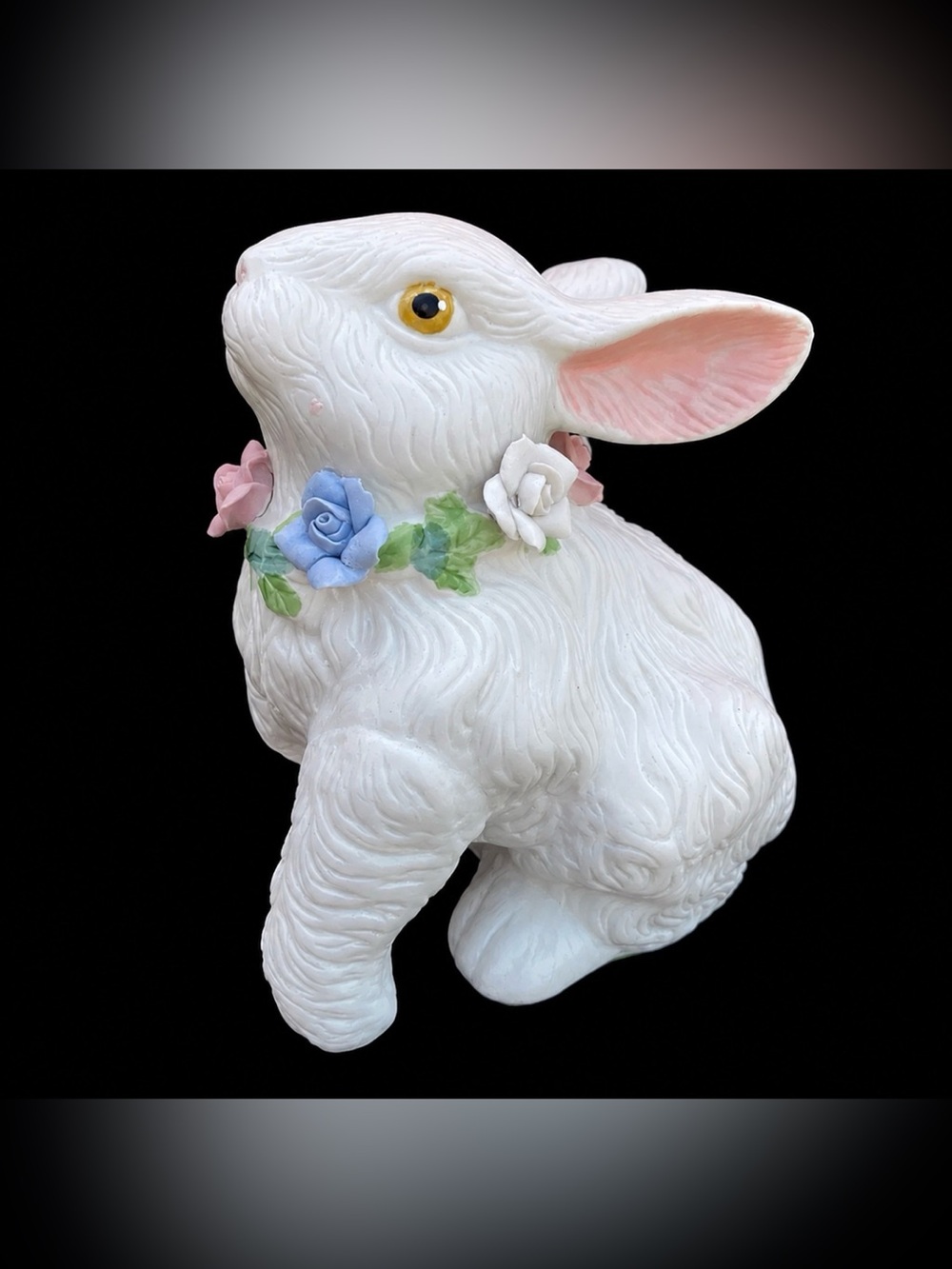 Bunny Rabbit Home Decor Figurine White Ceramic with Floral Necklace